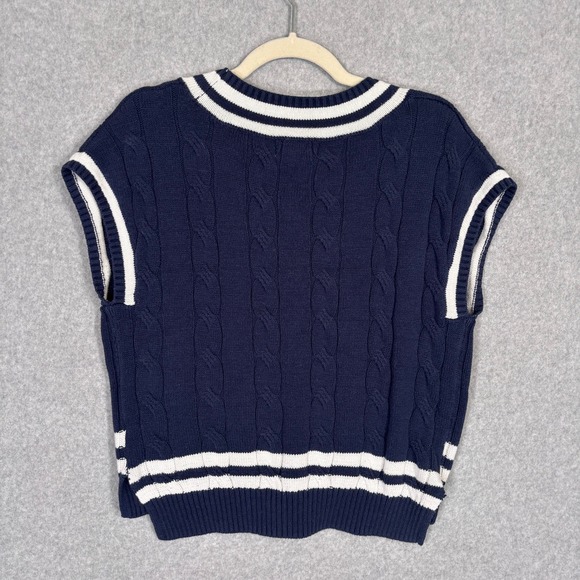 Jessica Simpson Cable Knit Sweater Vest Large Navy White Varsity Tennis Preppy - Picture 8 of 11